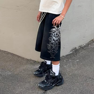 Custom Vintage Streetwear DTG Printed Men Heavyweight 100% Cotton Mid Waist Double Waisted Baggy Sunfaded Wide Leg Shorts