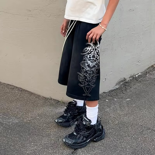 Custom Vintage Streetwear DTG Printed Men Heavyweight 100% Cotton Mid Waist Double Waisted Baggy Sunfaded Wide Leg Shorts