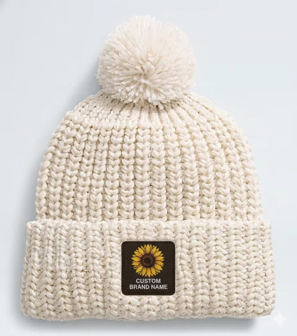 High Grade Quality Winter Thermal Knitted Pom-pom Beanie Chunky Yarn Custom Color Silicon Rubber logo Cuffed Beanie