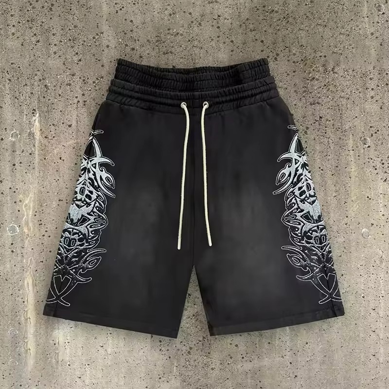 Custom Vintage Streetwear DTG Printed Men Heavyweight 100% Cotton Mid Waist Double Waisted Baggy Sunfaded Wide Leg Shorts