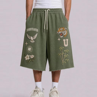 Custom Patterns 3D Embroidery Loose Baggy Sweatpants Men Shorts Custom Design Raw Hem Drawstring Cotton 3/4 Sweatpants Shorts
