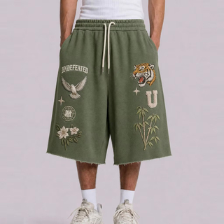 Custom Patterns 3D Embroidery Loose Baggy Sweatpants Men Shorts Custom Design Raw Hem Drawstring Cotton 3/4 Sweatpants Shorts